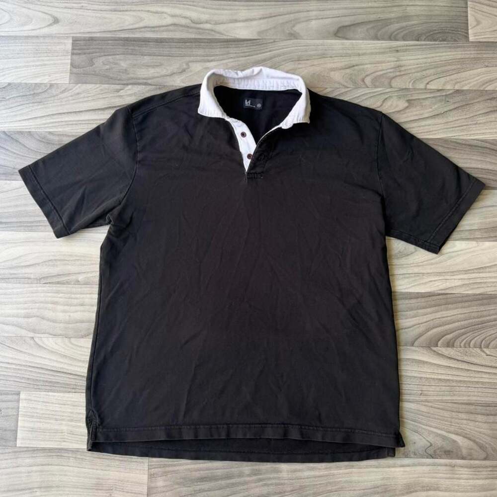 Identity Co. Vintage Black Rugby Polo Shirt White Collar Short Sleeve